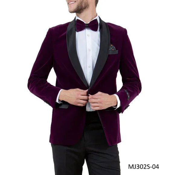 Purple Velvet Satin Shawl Collar Slim Fit Men's Jacket